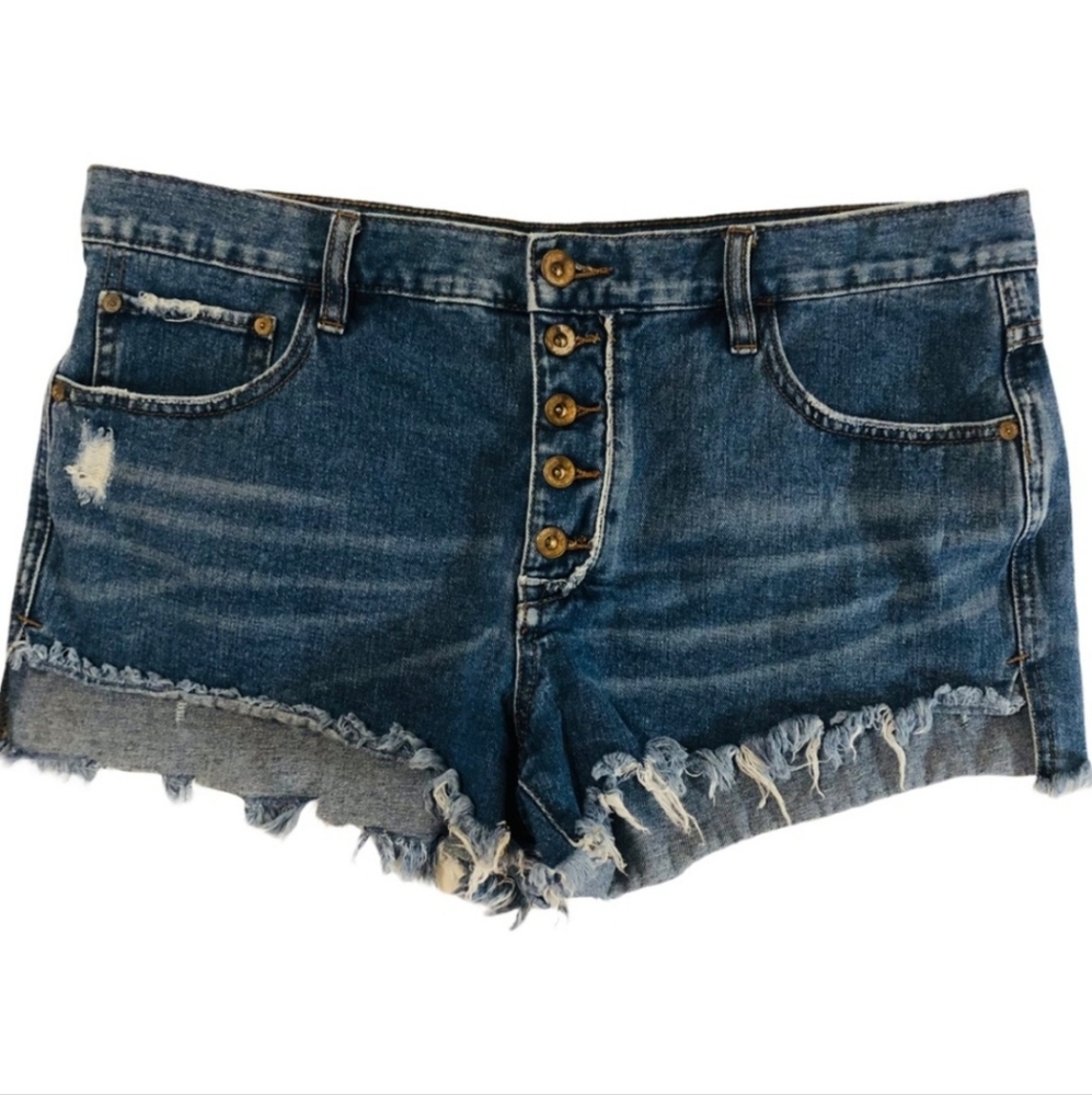 Free People Button Fly Blue Distressed Jean Shorts
